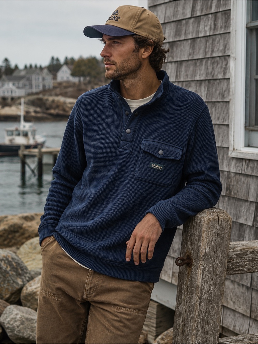 L.L.Bean Katahdin Iron Works Waffle Fleece Pullover Snap Henley Blue M